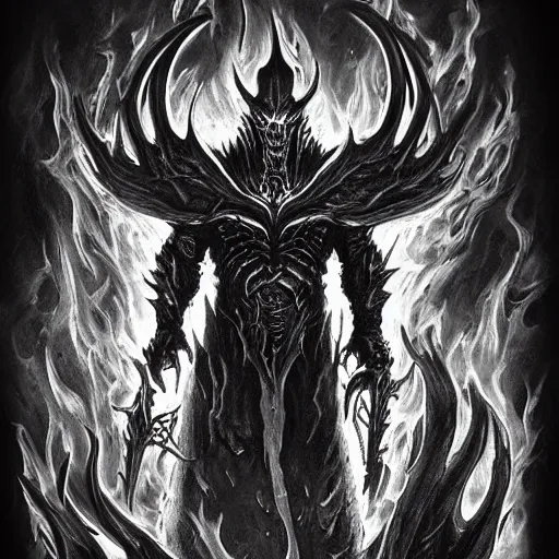 Prompt: diablo lord of terror, engulfed in flames, full body shot, detailed greyscale tattoo by Dmitriy Tkach