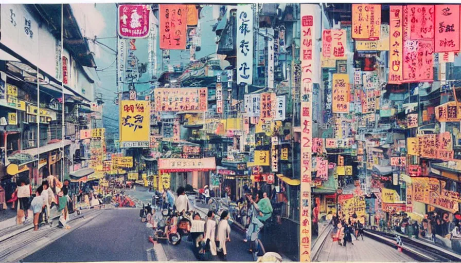 Image similar to A 1980s Japanese advertisement for a futuristic dream mountain town eco city themed like Jiufen, cable cars, flying cars, escalators, colorful