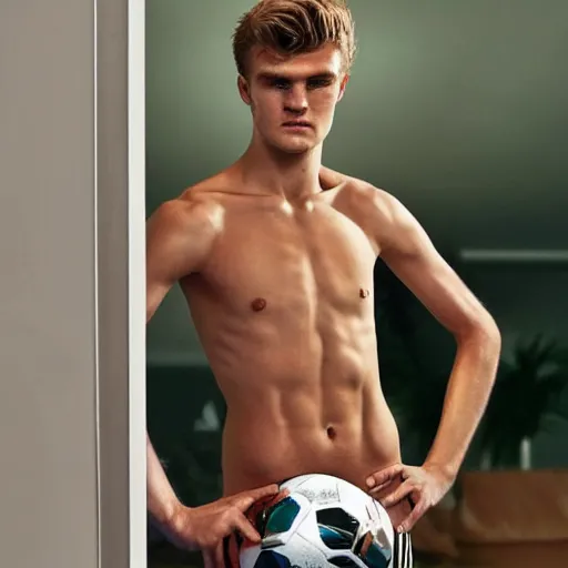 Image similar to a realistic detailed photo of a guy who is an attractive humanoid who is half robot and half humanoid, who is a male android, soccer players martin ødegaard & timo werner, shiny skin, posing like a statue, blank stare, in a living room, on display, showing off his muscles, gold soccer shorts, side view