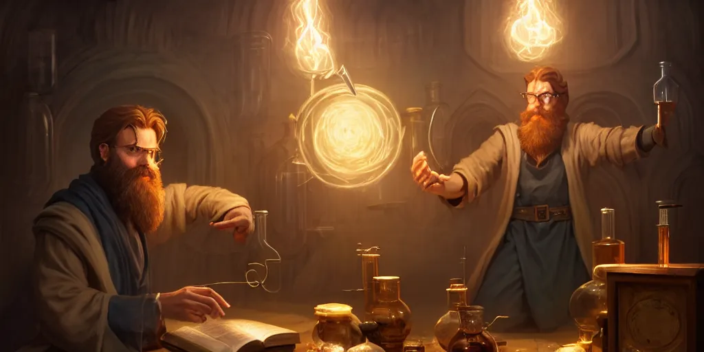 Prompt: a handsome bearded caucasian male sorcerer with brown hair, he is in a alchemist lab, casting a spell from a open book, beakers, potions, magic, neutral pose, digital art, concept art, epic composition, 4 k, super coherent, by dave melvin and greg rutkowski