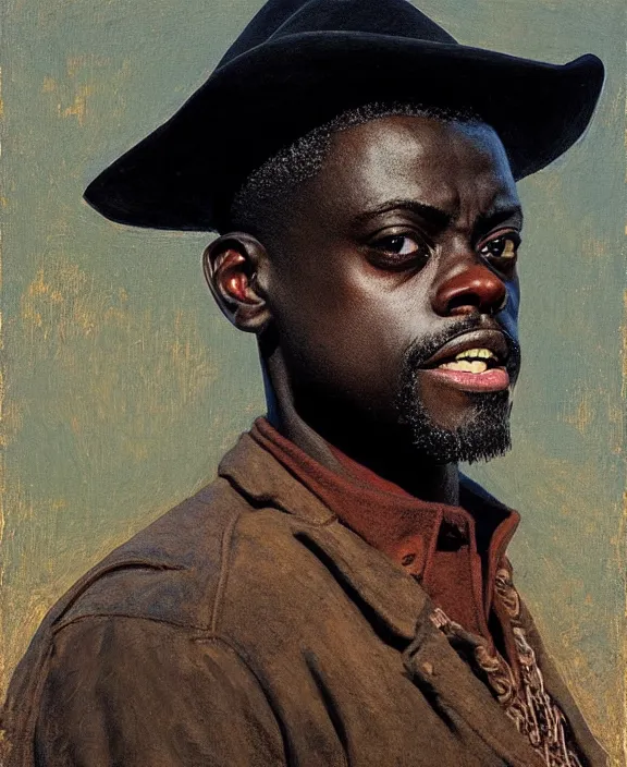 Image similar to portrait of daniel kaluuya as a rancher in oklahoma, art by denys tsiperko and bogdan rezunenko and thomas eakins, hyperrealism