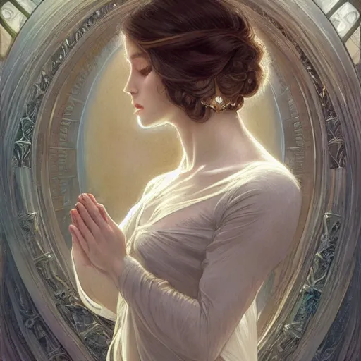 Image similar to god, white hair, long hair, hands spread out in prayer, intricate, elegant, ethereal, highly detailed, digital painting, artstation, concept art, smooth, sharp focus, illustration, art by artgerm and greg rutkowski and alphonse mucha