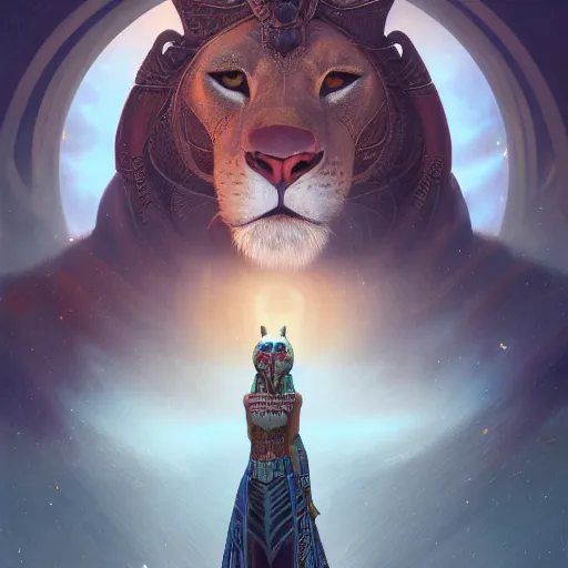 Image similar to highly detailed portrait of sekhmet the egyptian lion goddess, intricate alien technology, stephen bliss, unreal engine, fantasy art by greg rutkowski, loish, rhads, ferdinand knab, makoto shinkai and lois van baarle, ilya kuvshinov, rossdraws, tom bagshaw, global illumination, radiant light, detailed and intricate environment