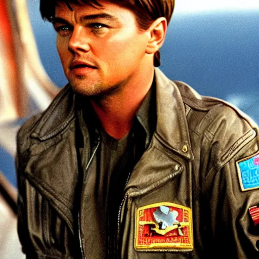 Image similar to Leonardo DiCaprio as maverick in top gun