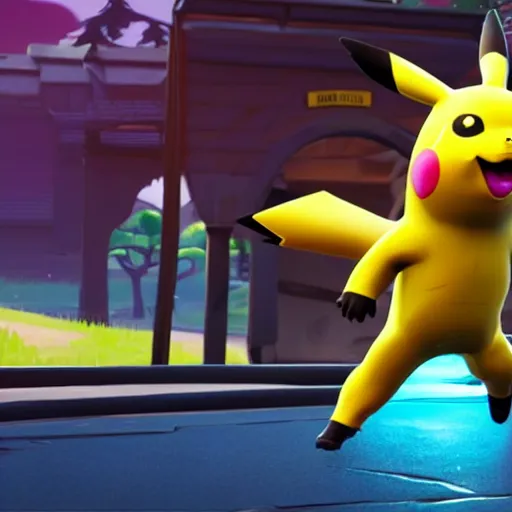 Image similar to screen shot from fortnite pikachu in fornite holding shotgun ray tracing 3 d cgsociety dramatic lighting