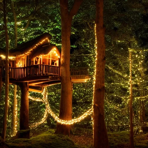 Image similar to a professional photograph of a treehouse in a forest covered in fairy lights, HD, high quality, highly detailed, award-winning