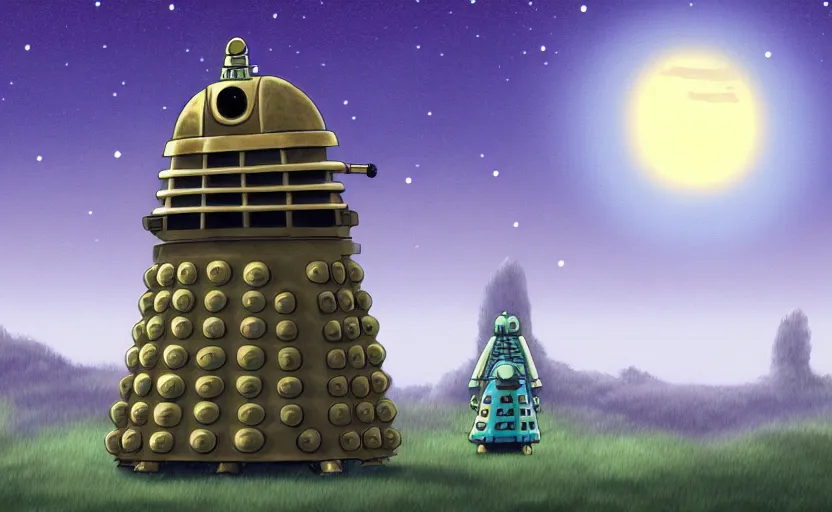 Prompt: a cell - shaded studio ghibli concept art study of a dalek on a misty starry night. very dull colors, hd, 4 k, hq