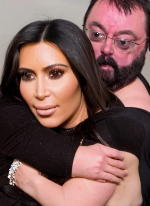 Prompt: film still of kim kardashian hugging bubbles from trailer park boys.