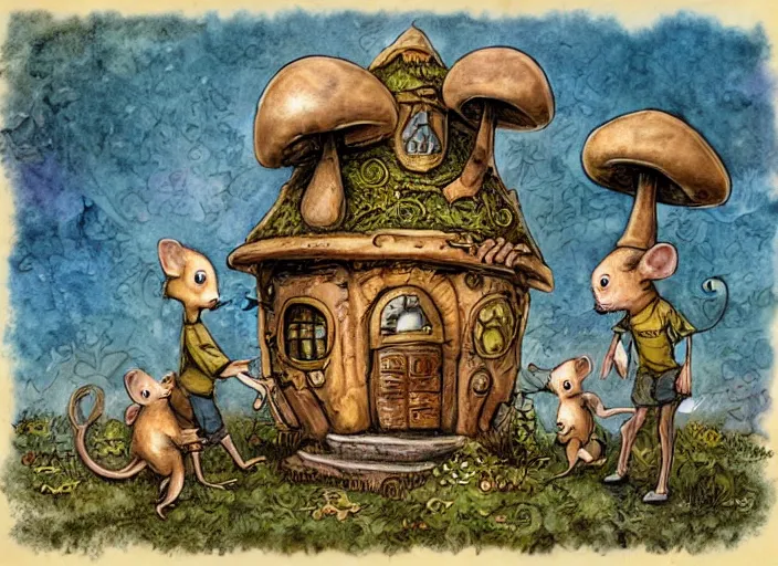 Prompt: Family of rats in front of a steampunk mushroom house, fantasy illustration by tony diterlizzi