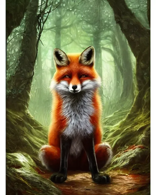 Image similar to Fox singing in forest, portrait, wearing hat, magical notes, fairy atmosphere, magic the gathering artwork, D&D, fantasy, cinematic lighting, centered, symmetrical, highly detailed, digital painting, artstation, concept art, smooth, sharp focus, illustration, volumetric lighting, epic Composition, 8k, art by Akihiko Yoshida and Greg Rutkowski and Craig Mullins, oil painting, cgsociety