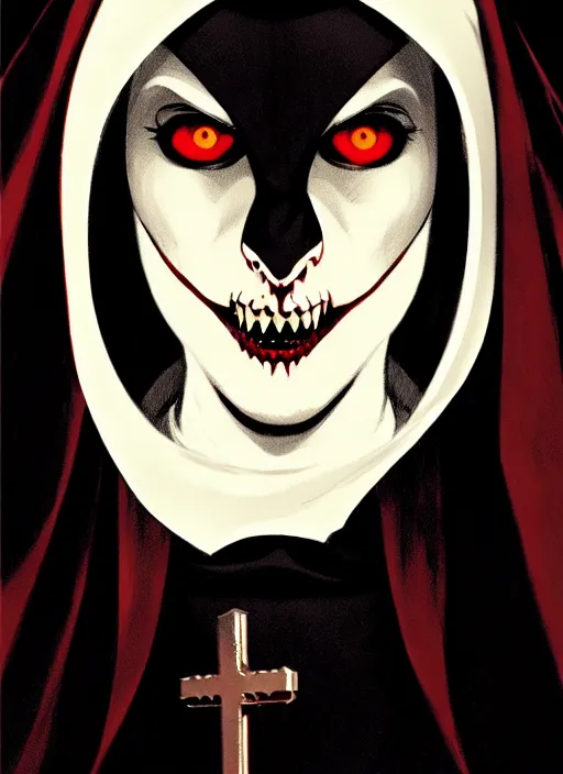 Image similar to scary female vampire nun, symmetrical face, evil grin, nun outfit, portrait size, cinematic, dramatic, super detailed and intricate, by koson ohara, by darwyn cooke, by greg rutkowski, by satoshi kon