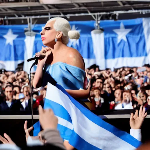 Image similar to Lady Gaga as president, Argentina presidential rally, Argentine flags behind, bokeh, giving a speech, detailed face, Argentina