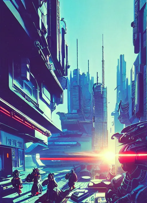 Prompt: photo of cyberpunk school, scifi, bright light, busy street, morning sun, interesting angle, 8 k high definition, insanely detailed, art by syd mead and masamune shirow