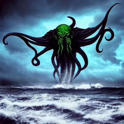 Image similar to cthulhu rising above the ocean and spreading its demonic wings, ominous, dark clouds, storm, lightning seen on the background, lovecraft