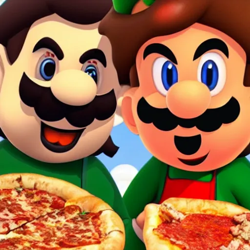 Prompt: mario and luigi eat a pizza