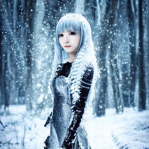 Prompt: portrait focus of knight beautiful 3 d anime girl!! silver frozen ice armor wearing!! dark forest background snowing, bokeh, inspired by masami kurum