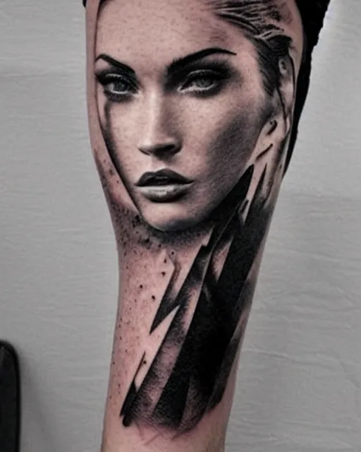 Image similar to creative double exposure effect tattoo design sketch of megan fox faded with beautiful mountain scenery, realism tattoo, in the style of matteo pasqualin, amazing detail, sharp