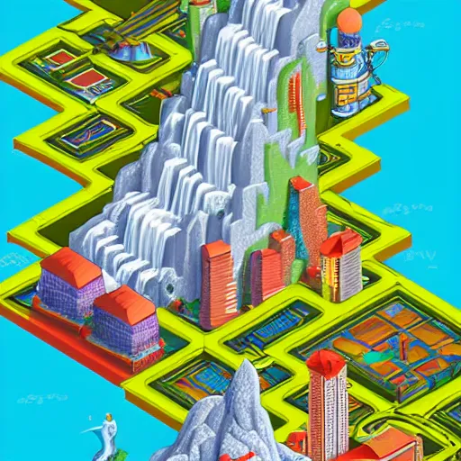 Prompt: isometric fantasy art of a giant waterfall city with tall skybridges and turrets, bold colors, detailed