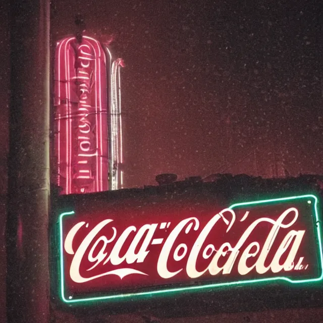 Image similar to kodachrome photograph, saturated photo, neon coca - cola sign on a rainy night