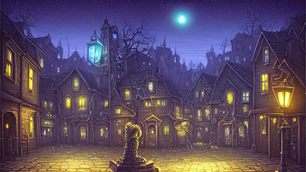 Image similar to empty lovecraftian town square surrounded by houses and inns. lovecraftian city at night by cyril rolando and naomi okubo and dan mumford and ricardo bofill. lovecraft. cobbled streets. oil lamp posts. lovecraftian statues. starry night sky. cthulhu.