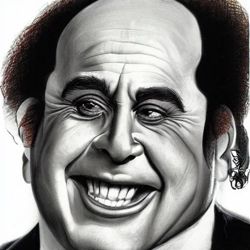 Image similar to portrait of the face of danny devito smiling sly intricate detailed by boris vallejo