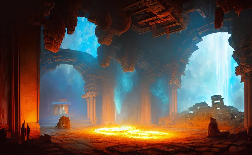 Image similar to The interior of an mytical and ancient temple dragons, in ruins, fire light, a ray of blue light, intricate, elegant, volumetric lighting, digital painting, highly detailed, artstation, sharp focus, illustration, concept art, ruan jia, steve mccurry