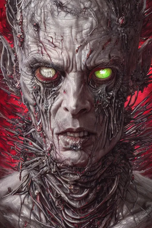 Image similar to realistic portrait of beautifully crystalized and detailed portrait of a rotting zombie, matte painting of cinematic movie scene red dragon, horror, created by gustave dore and greg rutkowski, high detailed, smooth draw, synthwave neon retro, intricate, realistic proportions, dramatic lighting, trending on artstation.