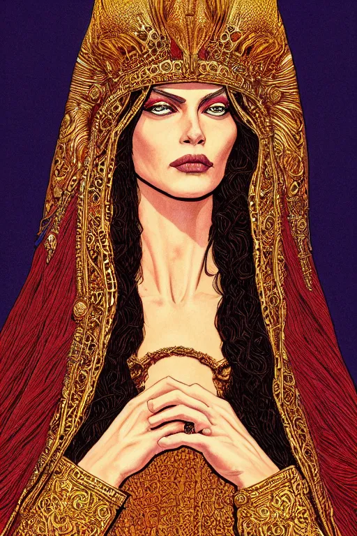 Image similar to Portrait of historically accurate, ancient biblical, sultry, sneering, evil, pagan, wicked, queen jezebel, wearing gilded robes, long hair, intricate, elegant, highly detailed, masterpiece, illustration, art by Jean Giraud, highly detailed, trending on artstation, award winning