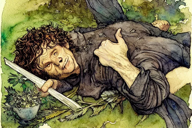 Image similar to a realistic and atmospheric watercolour fantasy character concept art portrait of bilbo baggins lying on his back freaking out with a pot leaf nearby, by rebecca guay, michael kaluta, charles vess and jean moebius giraud