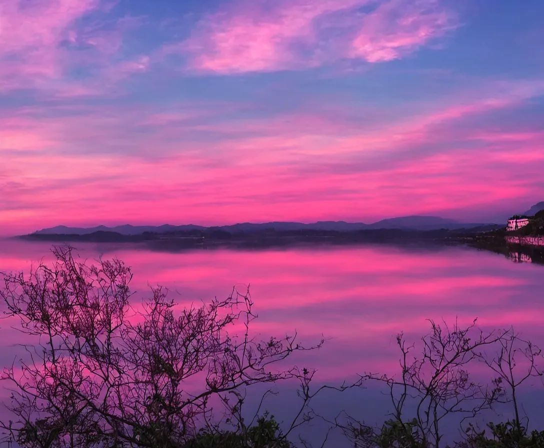 Image similar to majestic landscape, beautiful environment, pink sky, sunset, calm, serene