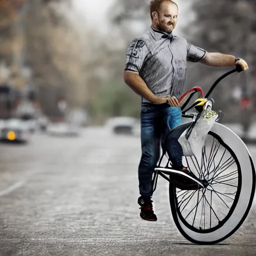 Image similar to matthias dandois wearing a flat bible shirt and riding a tiny bicycle portrait detailed