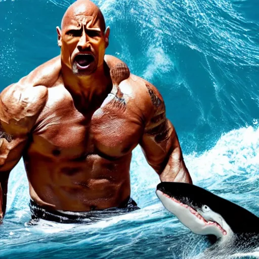Prompt: photo of Dwayne Johnson yelling and riding a shark in the middle of the ocean, full shot, highly detailed face