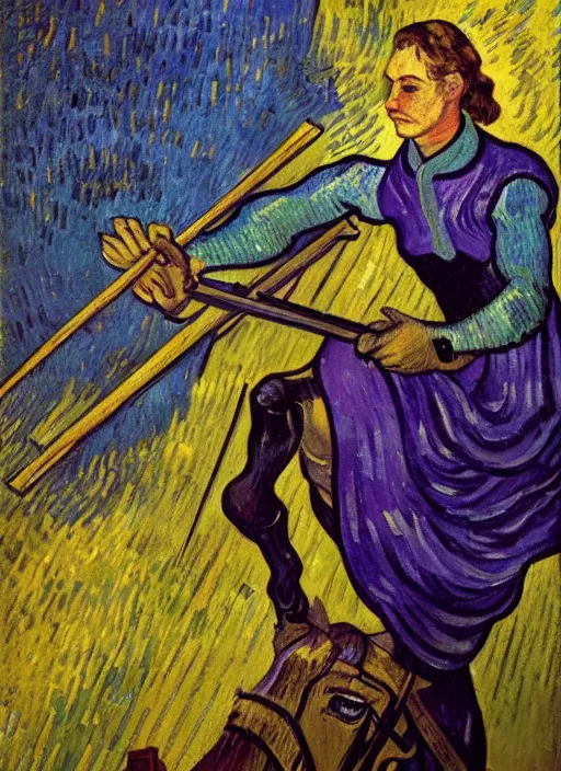 Prompt: detailed expressionist!! oil painting masterpiece portrait of joan d'arc!! by van gogh, 8 k resolution, smooth, sharp focus, matte painting, beautiful masterpiece expressionist painting, greys and golds and purples