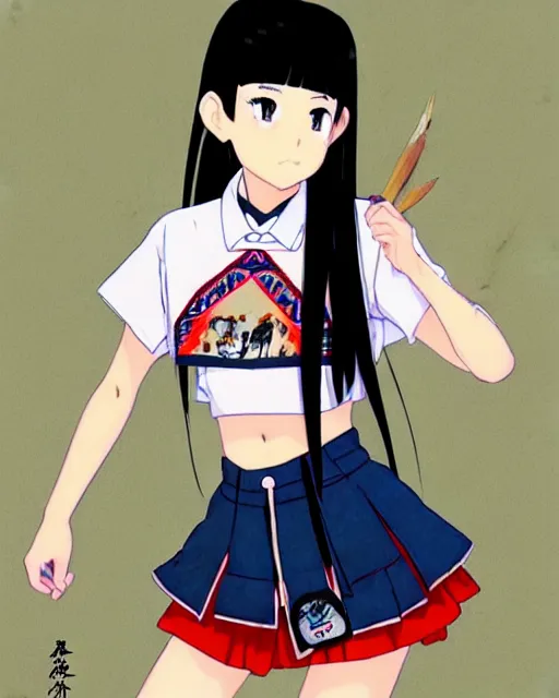 Image similar to a beautiful! boyish! amber midthunder alluring gravure! model, wearing japanese school girl outfit with mayan pattern and native style, aztec street fashion, gapmoe yandere grimdark, trending on pixiv fanbox, painted by greg rutkowski makoto shinkai takashi takeuchi studio ghibli, akihiko yoshida