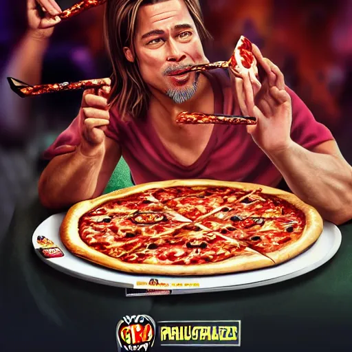 Prompt: brad pitt eating pizza, chuck e. cheese, 8 k, trending on artstation