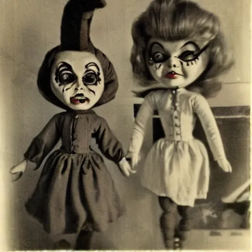 Image similar to 1 9 5 0 s, angry evil dolls coming to life and jump scaring, doll phobia, horror, polaroid,