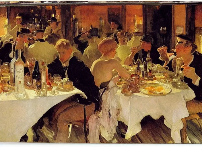 Image similar to men having dinner, singing, roaring twenties, cellar, masterpiece, torches on wall, meat, wine, schnapps, smoking cigars, scantily clad blondes, oil painting by anders zorn and carl larsson, art nouveau