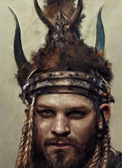 Image similar to portrait painting of viking berserker with celtic face tattoos wearing a dinosaur headdress, by jeremy mann, only one head single portrait