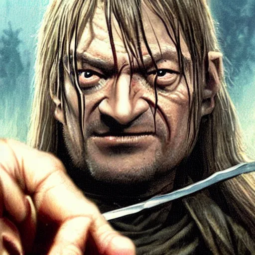 Image similar to boromir wearing the ring of power, demonic, as gollum in lord of the rings by peter jackson