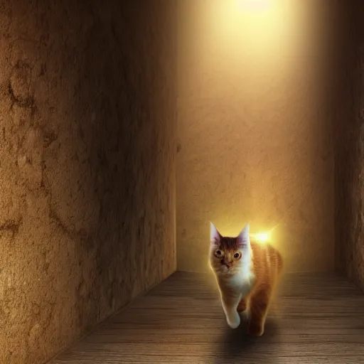 Prompt: a ginger cat that is walking down a hallway, egyptian art by hanns katz, pixabay contest winner, magical realism, anamorphic lens flare, storybook illustration, matte painting