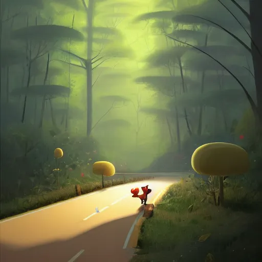 Image similar to goro fujita ilustration road that ends at the entrance of a beautiful forest full of fauna, tall trees, flowers, painting by goro fujita, sharp focus, highly detailed, artstation