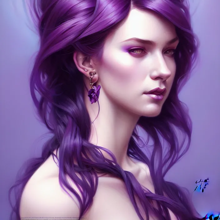 Image similar to Purple hair, creative colouring Portrait of woman, fashion, intricate, elegant, highly detailed, digital painting, artstation, concept art, smooth, sharp focus, illustration, art by artgerm and greg rutkowski and alphonse mucha