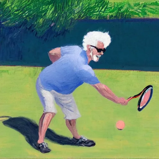 Prompt: a man with white hair and circular glasses and playing pickleball on a sunny day, impressionist painting