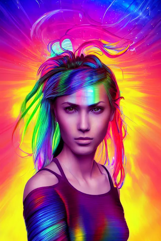 Image similar to a award winning half body portrait of a beautiful woman with stunning eyes in a croptop and cargo pants with rainbow colored ombre hairstyle head in motion and hair flying by thomas danthony, surrounded by whirling illuminated liquids, outrun, vaporware, shaded flat illustration, digital art, trending on artstation, highly detailed, fine detail, intricate