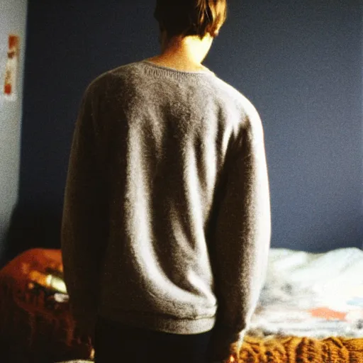 Image similar to kodak portra 4 0 0 photograph of a skinny guy wearing big black sweater standing in cluttered 9 0 s bedroom, back view!, moody lighting, telephoto, 9 0 s vibe, blurry background, vaporwave colors!, faded!,