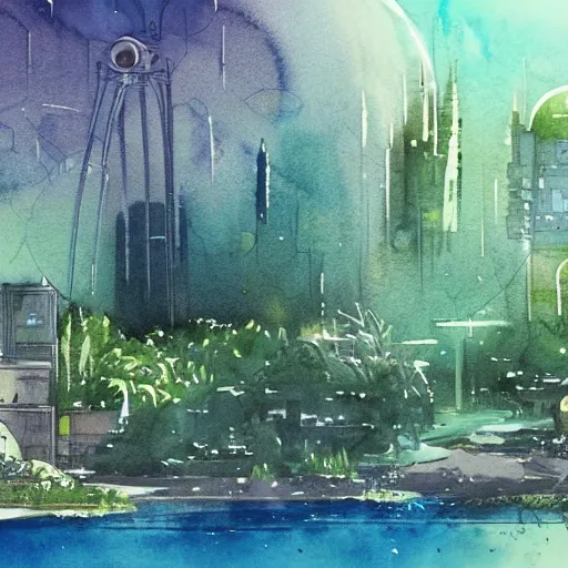 Image similar to Beautiful happy picturesque charming sci-fi city in harmony with nature. Beautiful light. Water and plants. Nice colour scheme, soft warm colour. Beautiful detailed watercolor by Lurid. (2022)