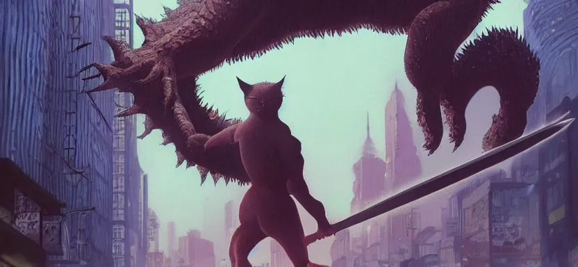 Image similar to a giant kaiju cat! destroying the city, digital painting masterpiece, by ilya kuvshinov, by frank frazetta, by mœbius, by reiq, by hayao miyazaki, intricate detail, beautiful brush strokes, advanced lighting technology, 4 k wallpaper, interesting character design, stylized yet realistic anatomy and faces, inspired by kill bill animated scene