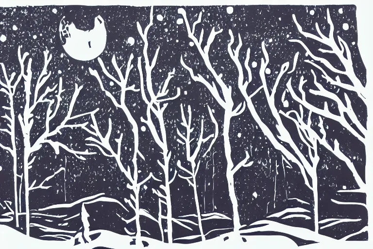 Image similar to werewolves in a winter forest, reaction diffusion linocut