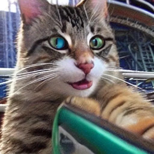 Image similar to selfie of an excited cat riding a roller - coaster