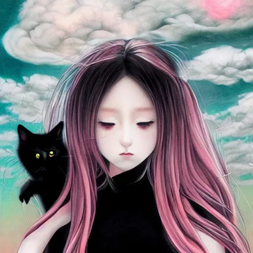 Prompt: young vampire and her black cat Portrait by Miho Hirano, full body ,manga, realistic, detailed, white, light pink tonalities, beautiful collage technique including clouds, sea, wind, ornate sea background, beautiful Fantasy detailed trending on artstation, oil painting,Dramatic lighting, eterea , high quality print, fine art with subtle redshift rendering